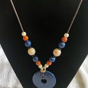 LCi Liz Claiborne Necklace with Brown Cord and Blue Cream and Sienna Color Beads
